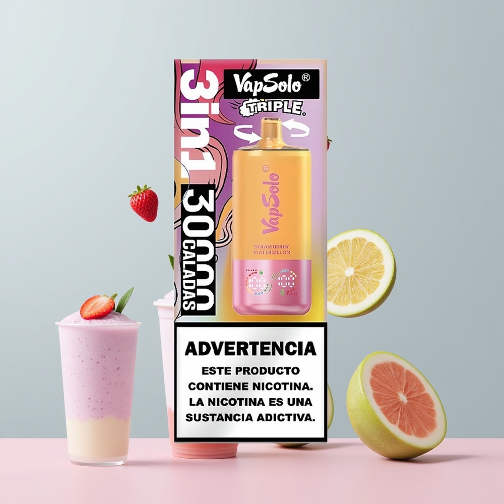 Wholesale Portugal Vapsolo Triple 30000 Puffs 40ml Morango Melancia & Limão Pêssego